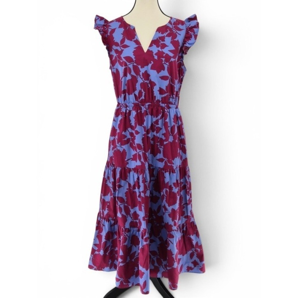 J.Crew Floral Tiered Midi Dress 10 Blue Burgundy Cotton Ruffle Sleeve Summer